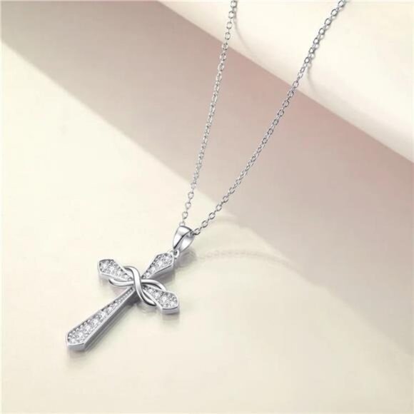 Women's Cross Necklace 925 Sterling Silver Cubic Zirconia Birthstone - Picture 4 of 4